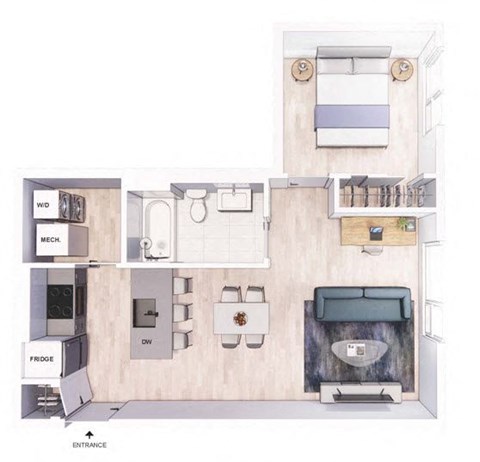 Floor plan for 1 bed, 1 bath, 610 sqft